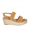 Woman's sandal with platform in cognac brown suede wedge heel 6 - Available sizes:  31, 33, 34, 42, 43, 44, 45, 46