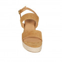 Woman's sandal with platform in cognac brown suede wedge heel 6 - Available sizes:  31, 33, 42, 43, 44, 45, 46