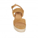 Woman's sandal with platform in cognac brown suede wedge heel 6 - Available sizes:  31, 33, 34, 42, 43, 44, 45, 46