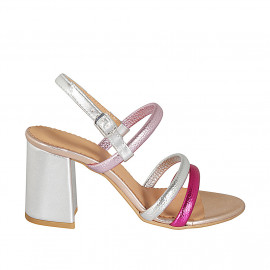 Sandalo da donna in pelle stampata laminata argento, fucsia e rosa tacco 7 - Misure disponibili: 34, 42, 43, 44, 45, 46