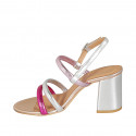 Sandalo da donna in pelle stampata laminata argento, fucsia e rosa tacco 7 - Misure disponibili: 32, 34, 42, 43, 44, 45, 46