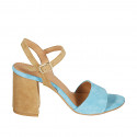 Woman's strap sandal in light blue and cognac brown suede heel 7 - Available sizes:  32, 33, 34, 42, 43, 44, 45