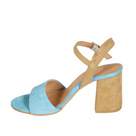 Woman's strap sandal in light blue and cognac brown suede heel 7 - Available sizes:  42, 43, 44, 45 2