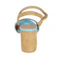 Sandalia con cinturon para mujer en gamuza cognac y azul claro tacon 7 - Tallas disponibles:  32, 33, 34, 42, 43, 44, 45