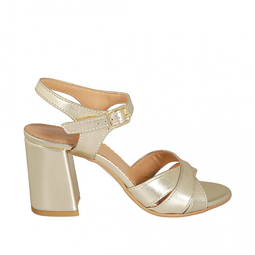 Woman's strap sandal in platinum laminated leather heel 7 - Available sizes:  33, 34, 42, 43, 44, 45, 46