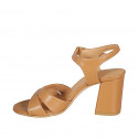 Woman's sandal in cognac brown leather with strap heel 7 - Available sizes:  33, 34, 42, 43, 44, 45