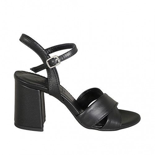 Woman's sandal in black leather with strap heel 7 - Available sizes:  32, 33, 34, 42, 43, 44, 45, 46