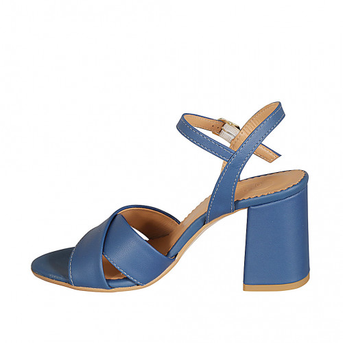 Damensandale aus blauem Leder mit Riem Absatz 7