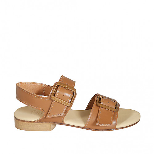 Woman's sandal with adjustable buckles in cognac brown leather heel 2 - Available sizes:  32, 33, 34, 42, 43, 44, 45, 46