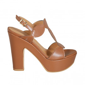Woman's strap sandal with platform in cognac brown leather heel 12 - Available sizes:  34, 43, 44
