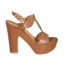 Woman's strap sandal with platform in cognac brown leather heel 12 - Available sizes:  31, 32, 34, 43, 44