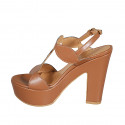 Woman's strap sandal with platform in cognac brown leather heel 12 - Available sizes:  31, 32, 34, 43, 44