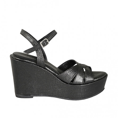 Woman's strap sandal in black printed leather with platform and wedge heel 9 - Available sizes:  31, 32, 34, 42, 43, 44, 45, 46