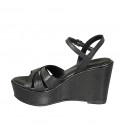 Woman's strap sandal in black printed leather with platform and wedge heel 9 - Available sizes:  31, 32, 34, 42, 43, 44, 45, 46