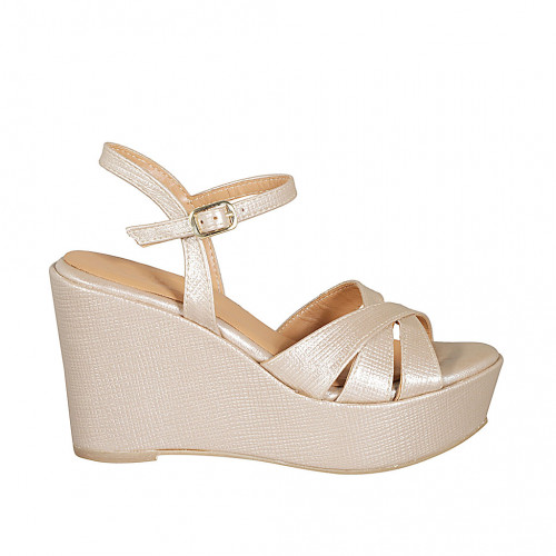 Sandale pour femmes en cuir imprimé rose clair avec courroie, plateforme et talon compensé 9 - Pointures disponibles:  42, 43, 45, 46