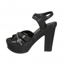 Woman's platform sandal with rhinestones and ankle strap in black leather heel 12 - Available sizes:  44 2