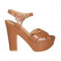 Woman's sandal in cognac brown leather with strap, platform and heel 12 - Available sizes:  31, 34, 43, 44