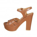 Woman's sandal in cognac brown leather with strap, platform and heel 12 - Available sizes:  31, 34, 43, 44
