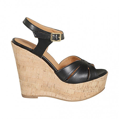 Sandale pour femmes en cuir noir avec plateforme, courroie et talon compensé 12 - Tallas disponibles:  32, 33, 34, 43, 44