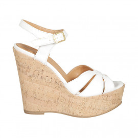 Woman's sandal with strap and platform in white leather wedge heel 12 - Available sizes: 43, 44