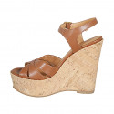 Woman's strap sandal in cognac brown leather with platform and wedge heel 12 - Available sizes:  31, 32, 34, 43, 44