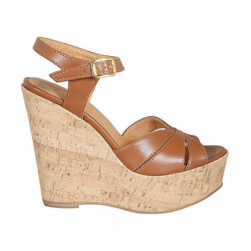 Woman's strap sandal in cognac brown leather with platform and wedge heel 12 - Available sizes:  31, 32, 34, 43, 44, 45