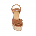 Woman's strap sandal in cognac brown leather with platform and wedge heel 12 - Available sizes:  43