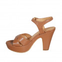 Woman's strap sandal with platform in cognac brown leather heel 9 - Available sizes:  31, 32, 33, 34