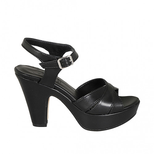 Woman's strap sandal in black leather with platform heel 9 - Available sizes:  31, 33, 34