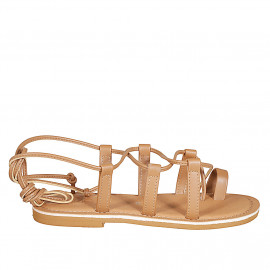 Sandalia de dedo en estilo gladiador para mujer en piel cognac tacon 1 - Tallas disponibles:  43