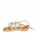 Woman's flip-flop gladiator sandal in platinum laminated leather heel 1 - Available sizes:  32, 34, 42, 43, 44, 45