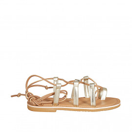 Woman's flip-flop gladiator sandal in platinum laminated leather heel 1 - Available sizes:  32, 42