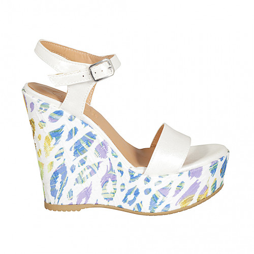 Woman's strap sandal with platform in white laminated leather and multicolored printed wedge heel 12 - Available sizes:  32, 43