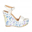 Woman's strap sandal with platform in white laminated leather and multicolored printed wedge heel 12 - Available sizes:  32, 43