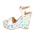 Woman's strap sandal with platform in white laminated leather and multicolored printed wedge heel 12 - Available sizes:  32, 43