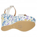 Woman's strap sandal with platform in white laminated leather and multicolored printed wedge heel 12 - Available sizes:  32, 43