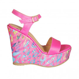 Woman's strap sandal with platform in fuchsia leather and multicolored printed wedge heel 12 - Available sizes: 43
