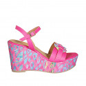 Woman's strap sandal with platform in fuchsia and multicolored leather and multicolored printed wedge heel 9 - Available sizes:  43