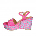 Woman's strap sandal with platform in fuchsia and multicolored leather and multicolored printed wedge heel 9 - Available sizes:  43