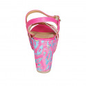 Woman's strap sandal with platform in fuchsia and multicolored leather and multicolored printed wedge heel 9 - Available sizes:  43