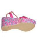 Woman's strap sandal with platform in fuchsia and multicolored leather and multicolored printed wedge heel 9 - Available sizes:  43