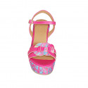 Woman's strap sandal with platform in fuchsia and multicolored leather and multicolored printed wedge heel 9 - Available sizes:  43