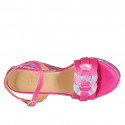 Woman's strap sandal with platform in fuchsia and multicolored leather and multicolored printed wedge heel 9 - Available sizes:  43