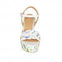 Woman's strap sandal with platform in white laminated and multicolored leather and multicolored printed wedge heel 9 - Available sizes:  32, 43