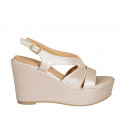 Woman's strap and platform sandal in rose laminated printed leather wedge heel 9 - Available sizes:  31, 32, 34, 42, 43, 44
