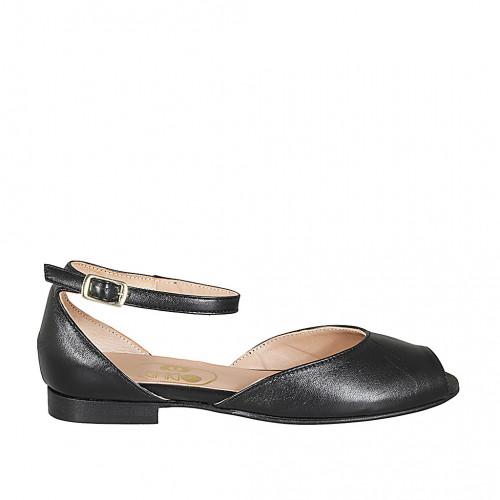 Zapato abierto para mujer en piel negra con cinturon al tobillo tacon 2 - Tallas disponibles:  32, 33, 34, 42, 43, 44, 45