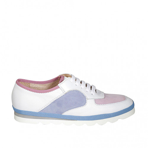 Scarpa stringata da donna in pelle bianca e camoscio azzurro e rosa zeppa 2 - Misure disponibili: 33, 34, 42, 43, 44, 45