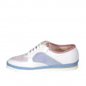 Zapato para mujer con cordones en piel blanca y gamuza de color azul claro y rosado cuña 2 - Tallas disponibles:  33, 34, 42, 43, 44, 45