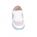 Woman's laced shoe in white leather and light blue and pink suede wedge heel 2 - Available sizes:  33, 34, 42, 43, 44, 45