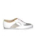 Woman's laced shoe in white, laminated platinum and silver leather wedge heel 2 - Available sizes:  33, 34, 42, 43, 44, 45